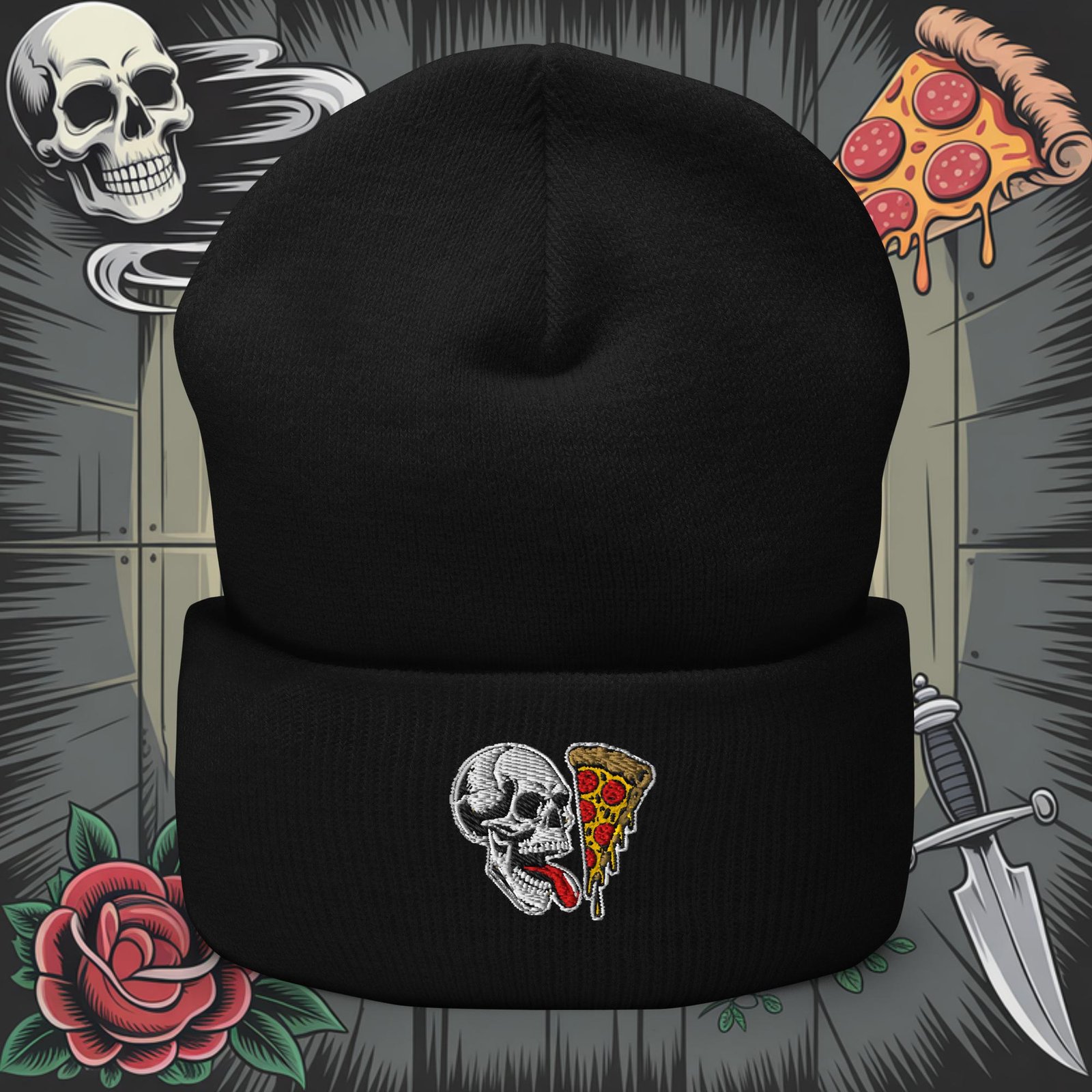 Skull Slice Cuffed Beanie | Skeleton Pizza Supply Co.